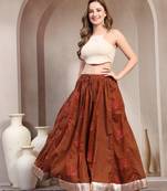Brown color blocked cotton flared maxi skirt for women