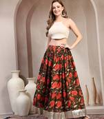 Green floral printed cotton flared maxi skirt for women