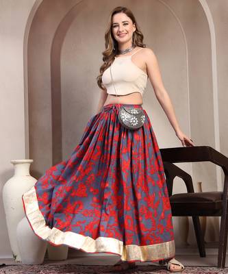 Blue floral printed cotton flared maxi skirt for women 5