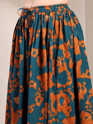 Teal floral printed cotton flared maxi skirt for women 4