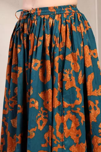 Teal floral printed cotton flared maxi skirt for women