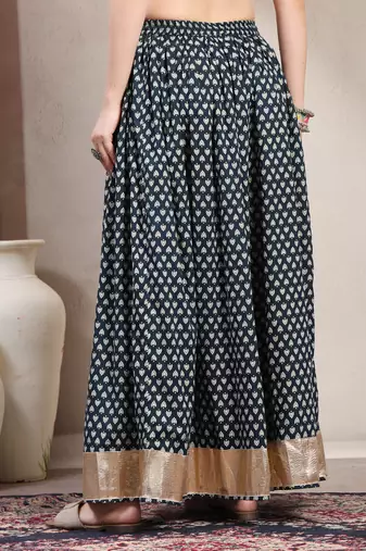 Black floral printed cotton flared maxi skirt for women