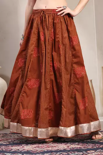 Brown color blocked cotton flared maxi skirt for women