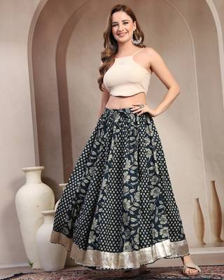 Black floral printed cotton flared maxi skirt for women 1