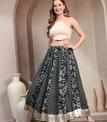 Black floral printed cotton flared maxi skirt for women