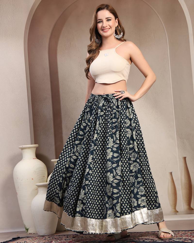 Black floral printed cotton flared maxi skirt for women