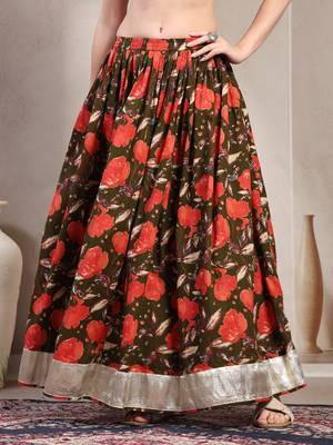 Green floral printed cotton flared maxi skirt for women 2