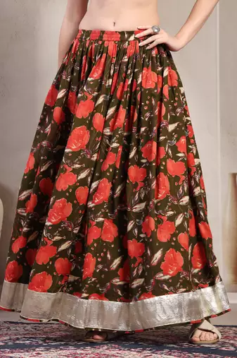 Green floral printed cotton flared maxi skirt for women
