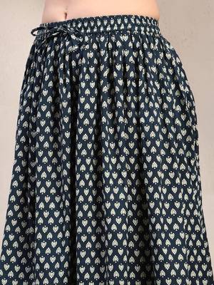 Black floral printed cotton flared maxi skirt for women 4