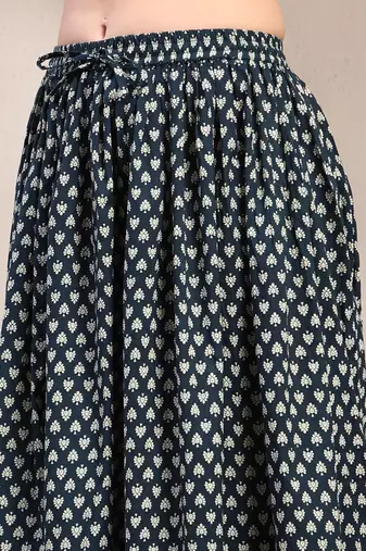 Black floral printed cotton flared maxi skirt for women