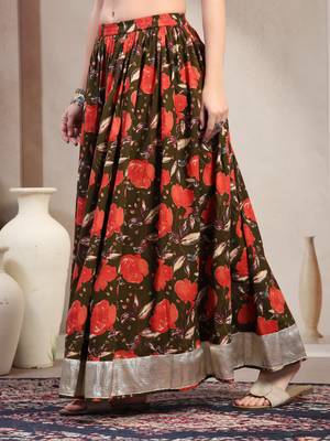 Green floral printed cotton flared maxi skirt for women 3