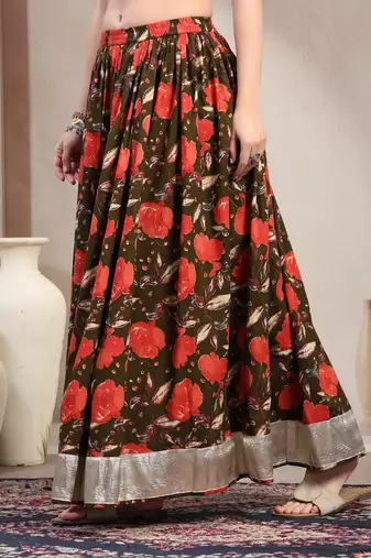 Green floral printed cotton flared maxi skirt for women