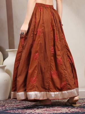 Brown color blocked cotton flared maxi skirt for women 3