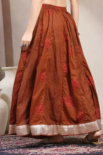 Brown color blocked cotton flared maxi skirt for women