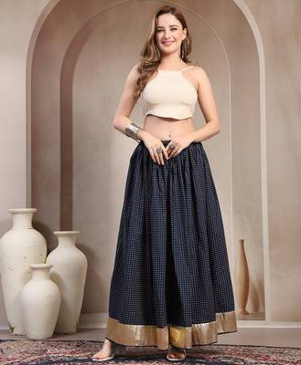 Blue printed cotton flared maxi skirt for women 1