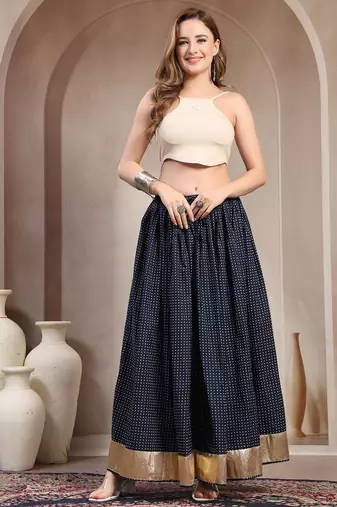 Blue printed cotton flared maxi skirt for women