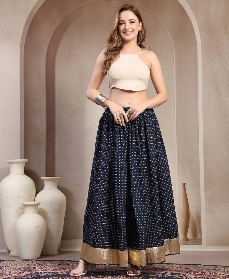 Blue printed cotton flared maxi skirt for women