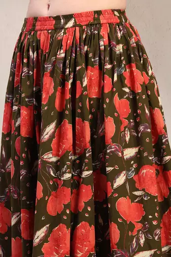 Green floral printed cotton flared maxi skirt for women