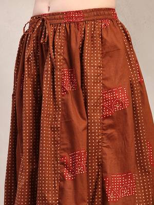 Brown color blocked cotton flared maxi skirt for women 4