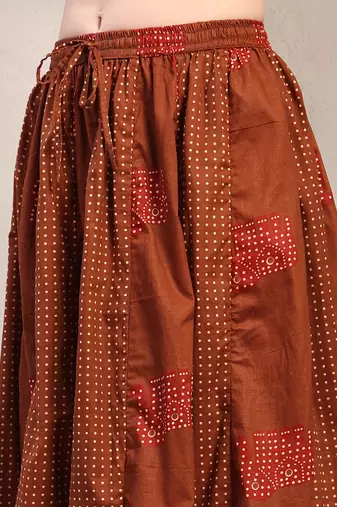 Brown color blocked cotton flared maxi skirt for women