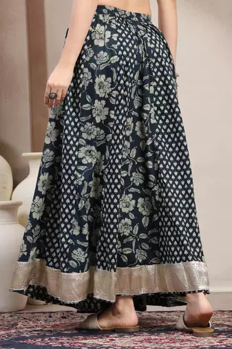 Black floral printed cotton flared maxi skirt for women