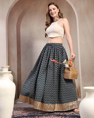 Black floral printed cotton flared maxi skirt for women 5
