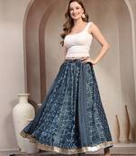 Blue floral printed cotton flared maxi skirt for women