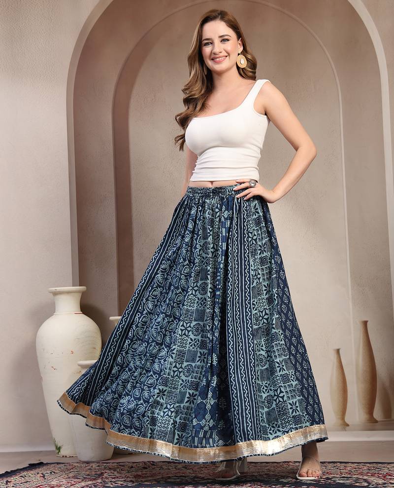 Blue floral printed cotton flared maxi skirt for women