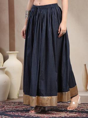 Blue printed cotton flared maxi skirt for women 2