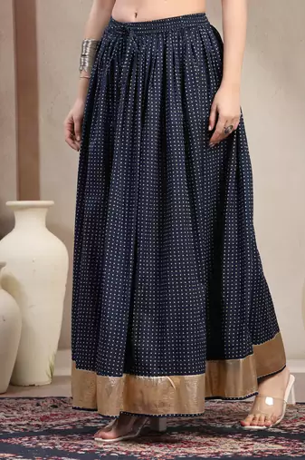 Blue printed cotton flared maxi skirt for women