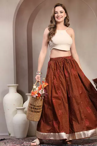 Brown color blocked cotton flared maxi skirt for women
