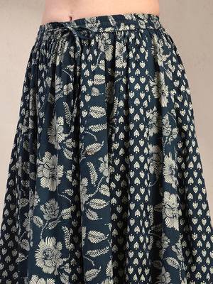 Black floral printed cotton flared maxi skirt for women 4