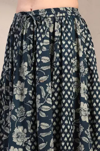 Black floral printed cotton flared maxi skirt for women
