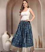 Blue floral printed cotton flared maxi skirt for women