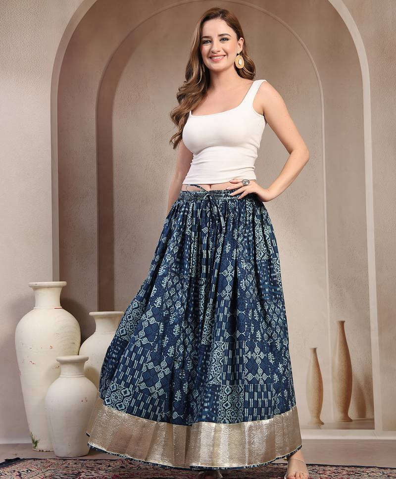 Blue floral printed cotton flared maxi skirt for women