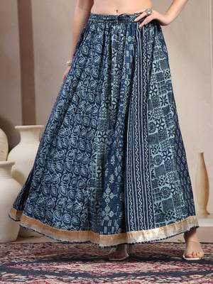 Blue floral printed cotton flared maxi skirt for women 2