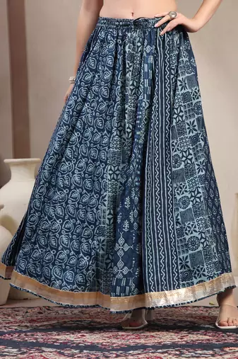 Blue floral printed cotton flared maxi skirt for women