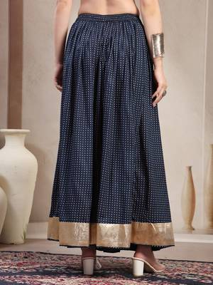 Blue printed cotton flared maxi skirt for women 3