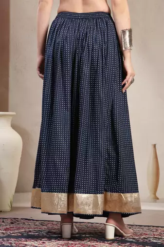 Blue printed cotton flared maxi skirt for women