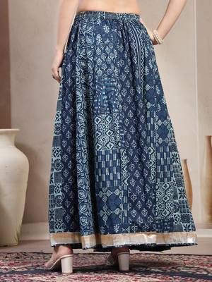 Blue floral printed cotton flared maxi skirt for women 3