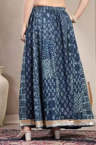 Blue floral printed cotton flared maxi skirt for women