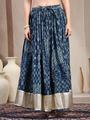 Blue floral printed cotton flared maxi skirt for women 2