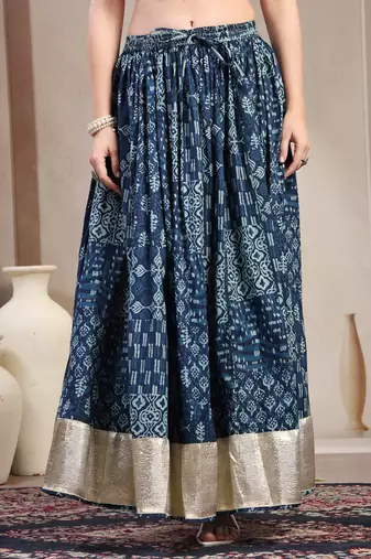 Blue floral printed cotton flared maxi skirt for women