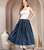 Blue graphic printed cotton flared maxi skirt for women