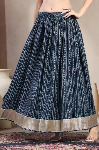 Blue printed cotton flared maxi skirt for women