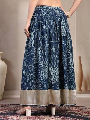 Blue floral printed cotton flared maxi skirt for women 3