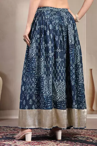 Blue floral printed cotton flared maxi skirt for women