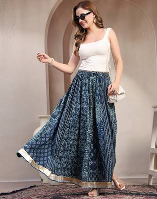 Blue floral printed cotton flared maxi skirt for women 5
