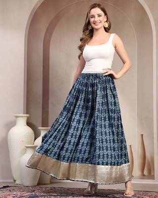 Blue floral printed cotton flared maxi skirt for women 1