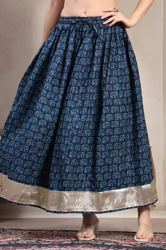 Blue graphic printed cotton flared maxi skirt for women